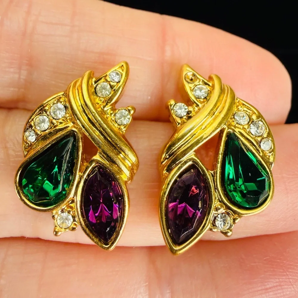 Vintage goldtone, festive green red and clear bling holiday pierced earrings